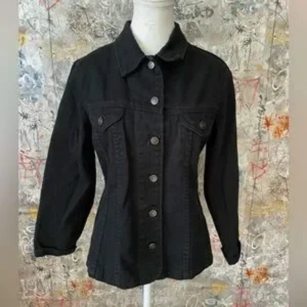 ETAM Unique Black Denim Jacket with Neon Palm Reading Patch on Back.